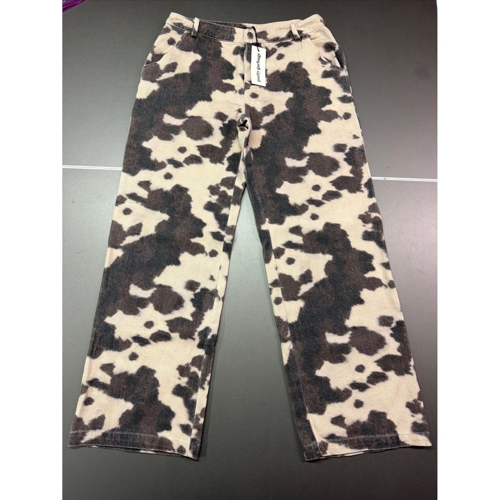 Pretty Garbage Cow Print Jeans Womens Large Wide Leg Black Cream Denim NWT